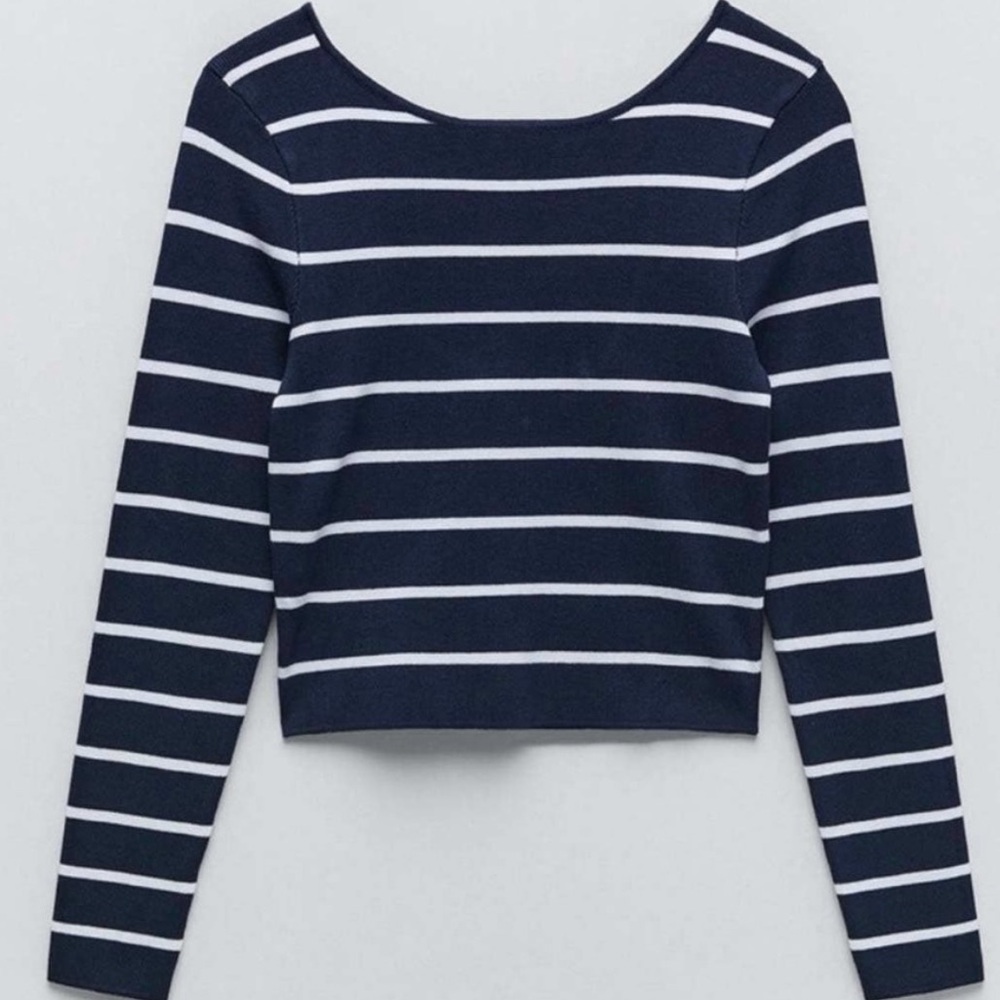 Zara Navy and White Striped Women's Top